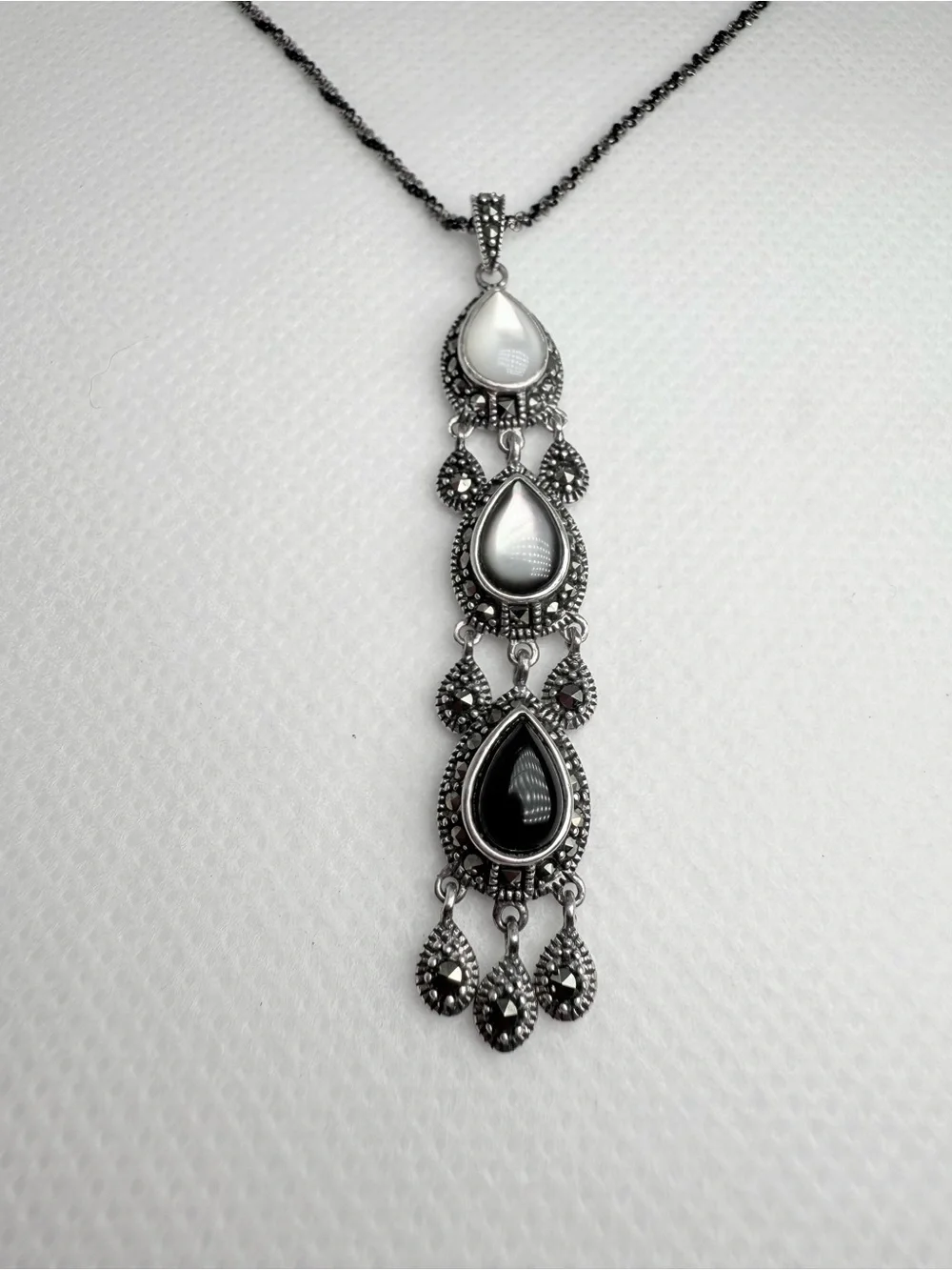 Vintage Italian Art Deco Marcasite Onyx Mother of Pearl Chandelier Drop Necklace